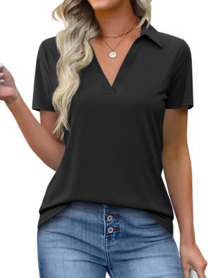 Womens Short Sleeve Polo Shirts V Neck Business Dressy Casual Tops Summer Collared Trendy Tees