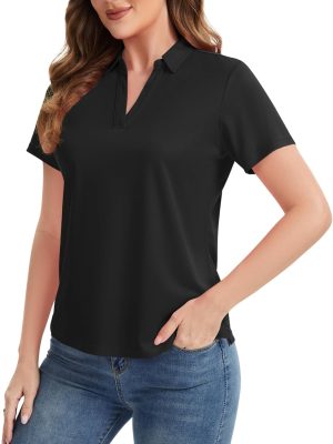 Women's V-Neck Polo Shirt Quick-Dry Golf Tennis Top Casual Office Work Short Sleeve