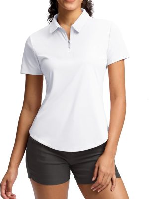 Womens Golf Shirt Metal Zip Up Polo Short Sleeve Tennis Work Athletic Collared Top Quick Dry Lightweight