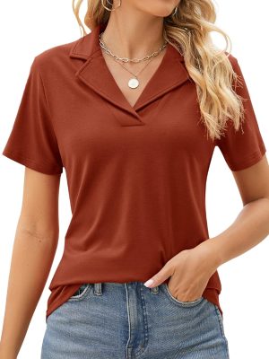 Women's Polo Shirts Lapel Collar V Neck Short Sleeve Blouse Dressy Casual Tunic Tops